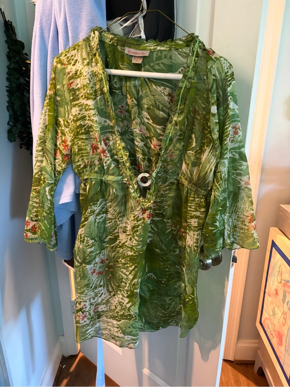 Peppermint Bay Green Tropical Print Sheer Top